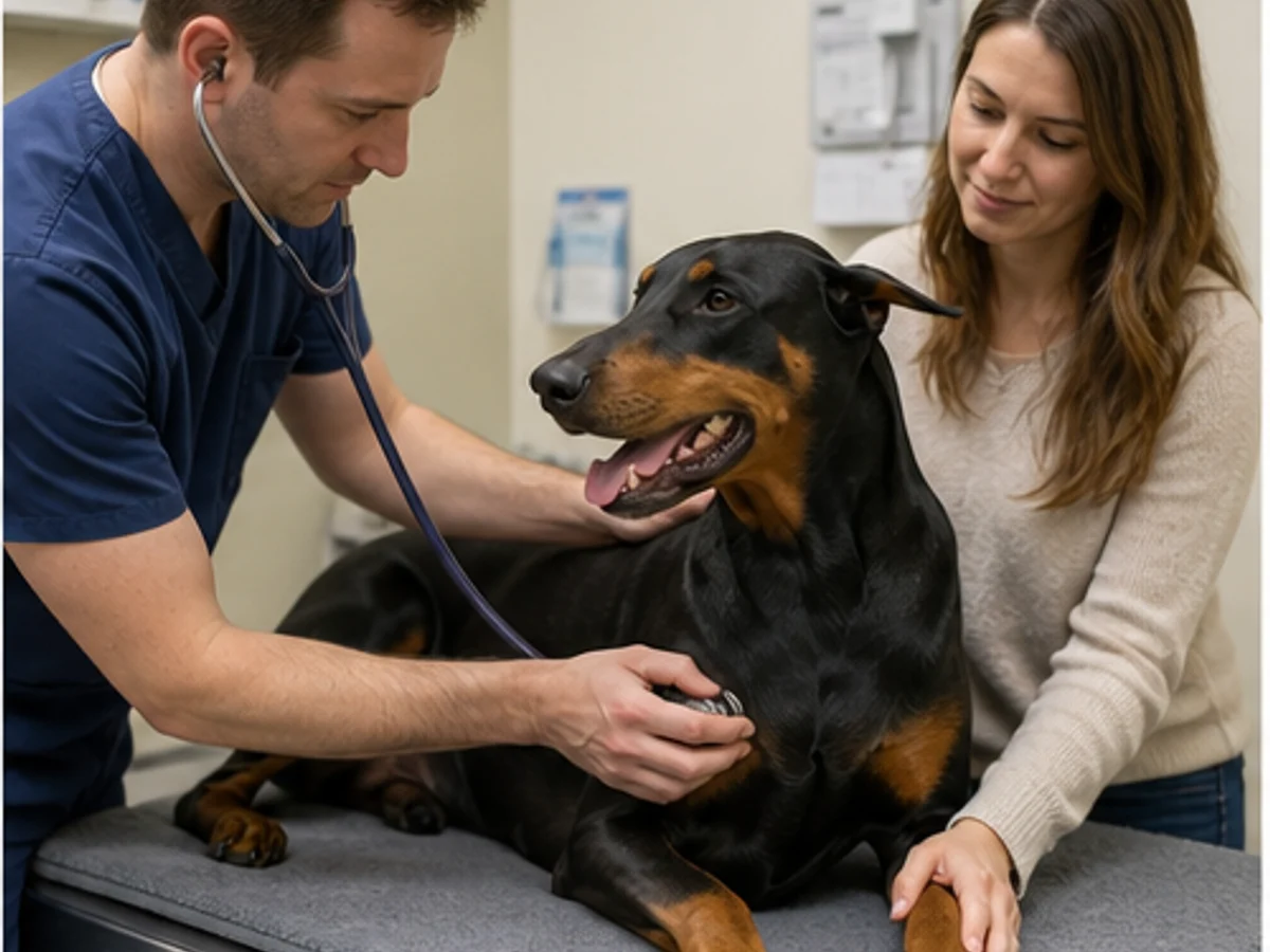 Heart monitoring: veterinarian using a stethoscope on a relaxed Doberman with owner present