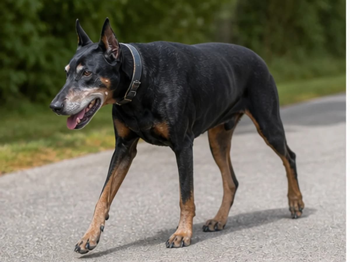 Mobility: senior Doberman walking on level ground at a comfortable pace