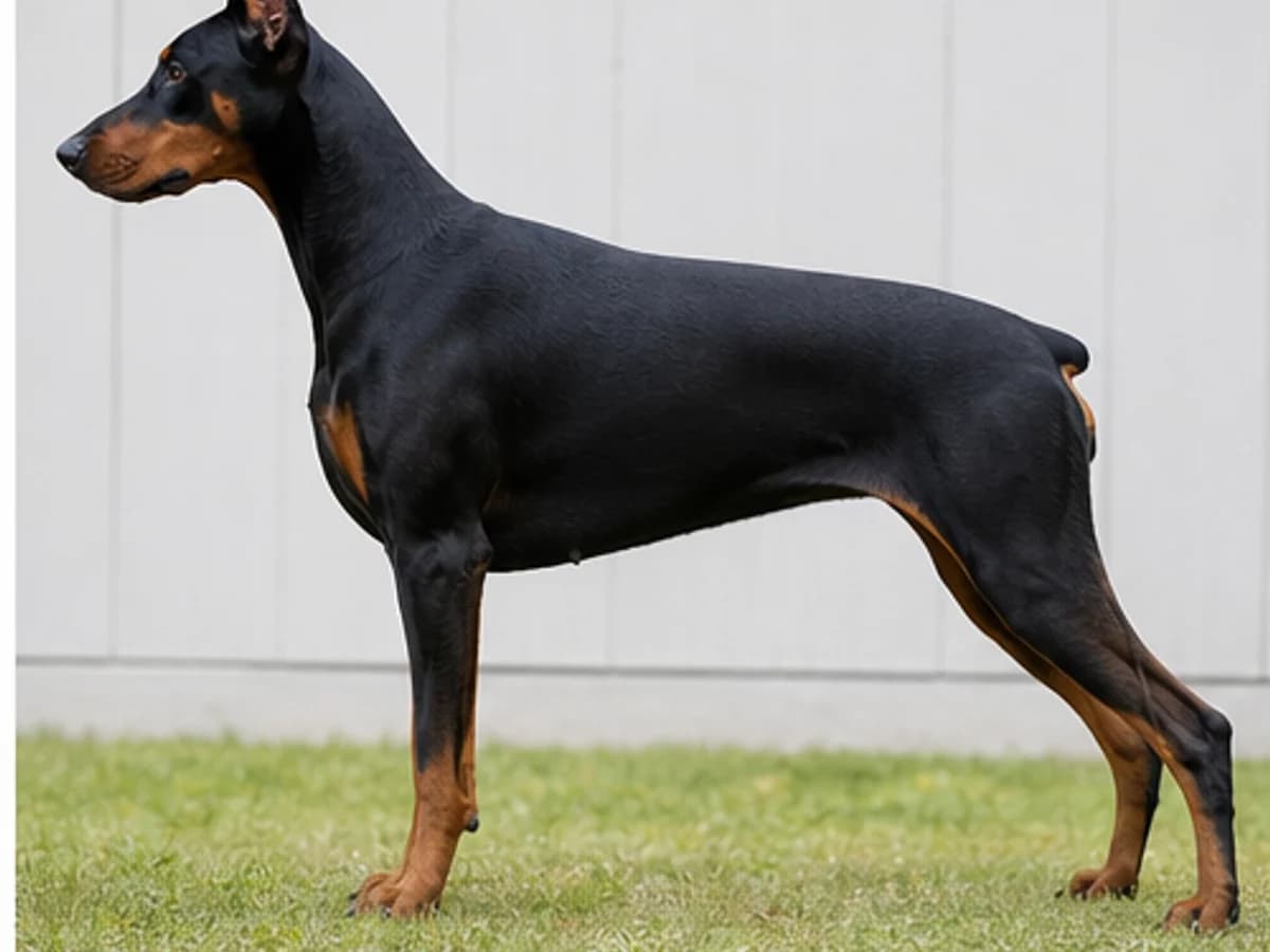 Body condition: side-profile adult Doberman standing naturally, ribs not exaggerated
