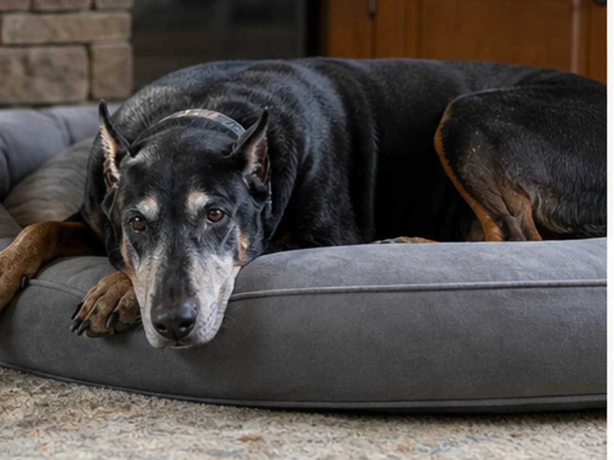 Senior comfort: older Doberman resting on a supportive washable bed in a quiet home