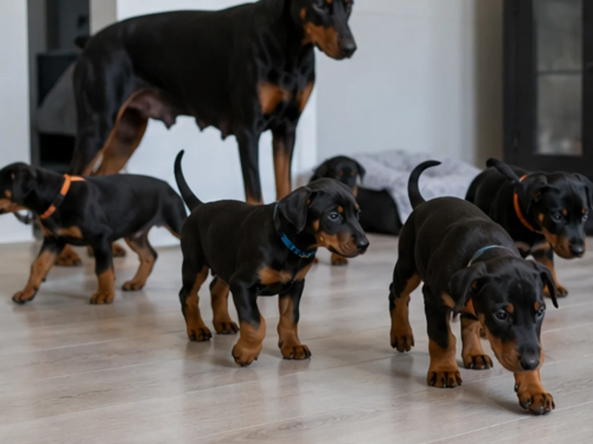 Breeder visit: litter moving naturally in a clean home environment with the dam present