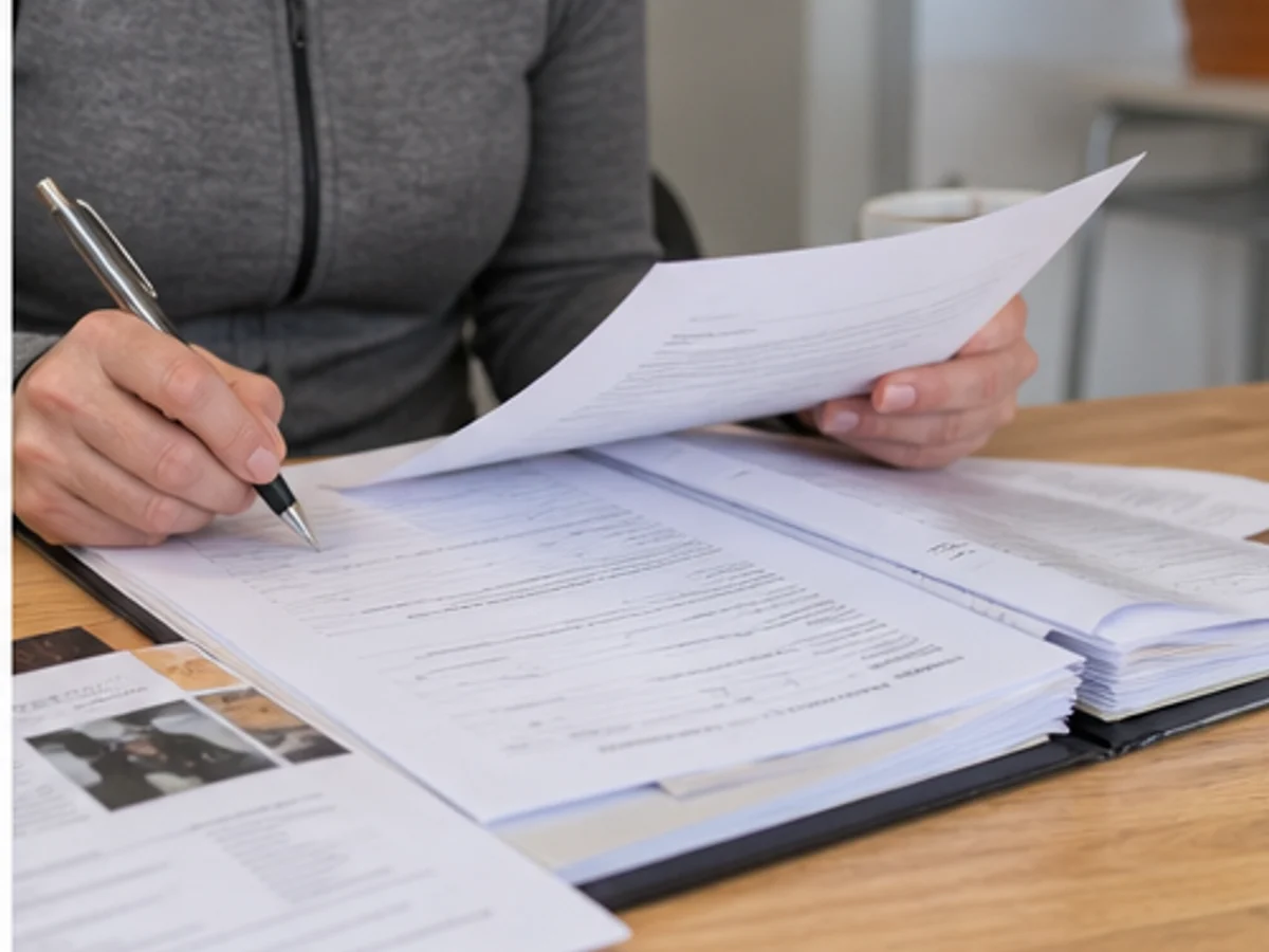 Records: buyer reviewing a contract and veterinary records with personal details obscured