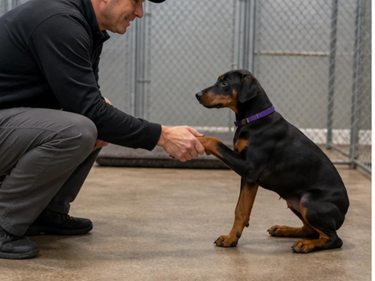 Adoption: adolescent Doberman calmly meeting an adult adopter in a shelter or foster setting