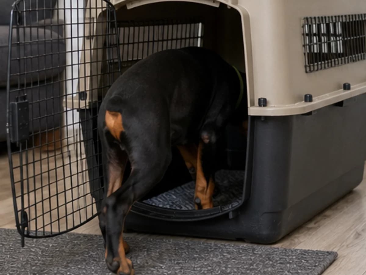 Travel: puppy entering a correctly sized secured travel crate
