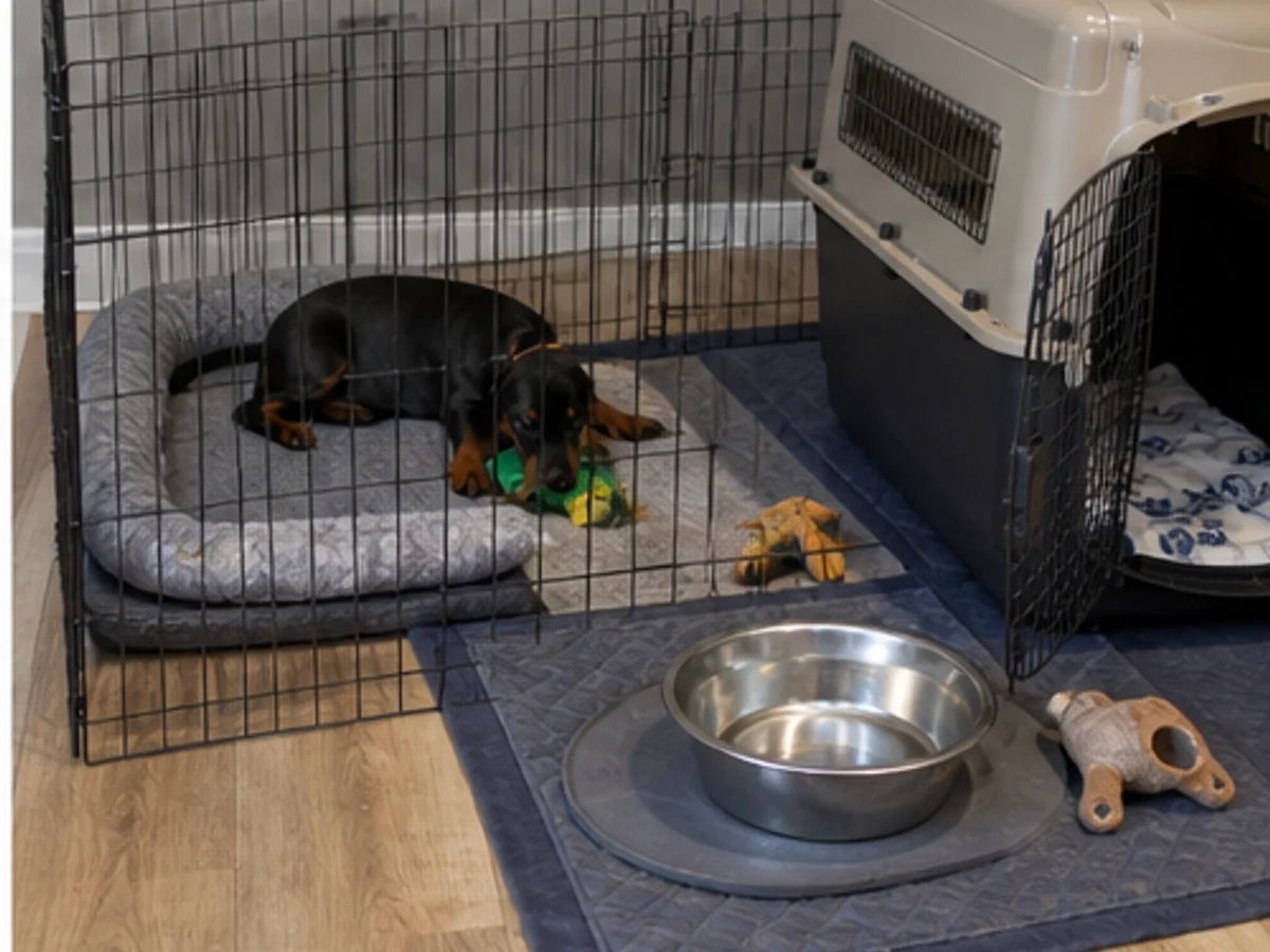 First week: simple home setup with crate, supervised pen, water and safe chew