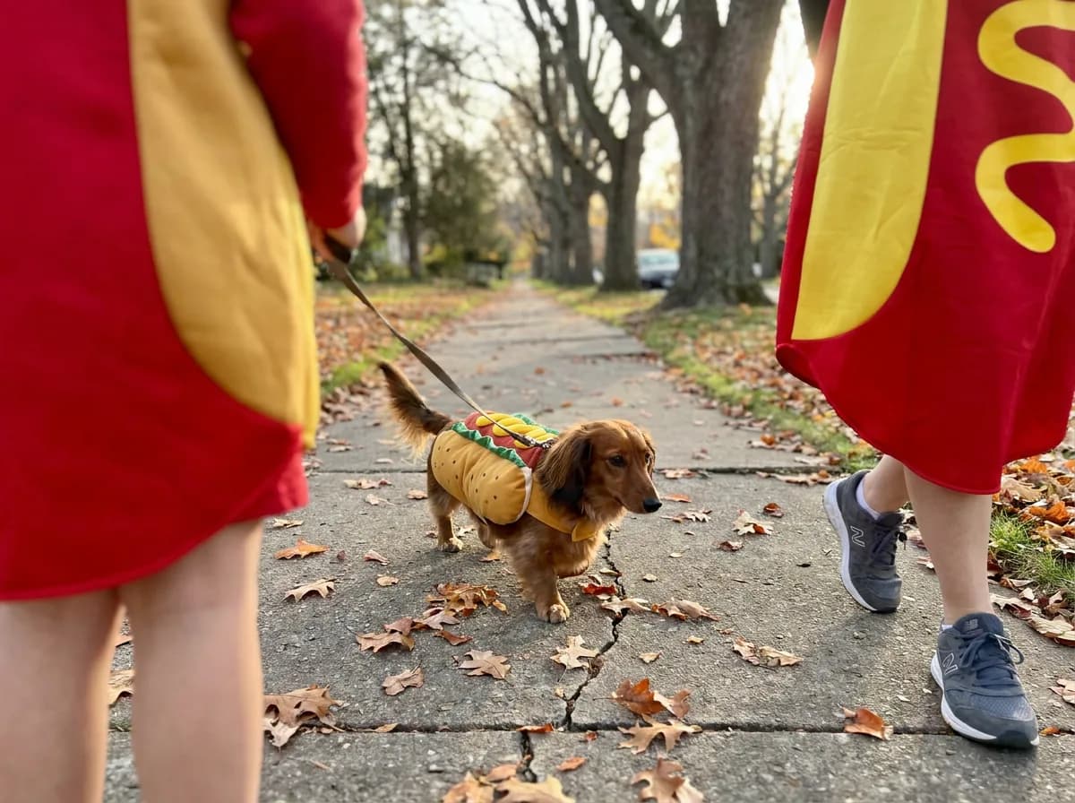 Long-haired dachshund in a hot dog costume walking on a leash between two owners dressed as ketchup and mustard on a leafy sidewalk