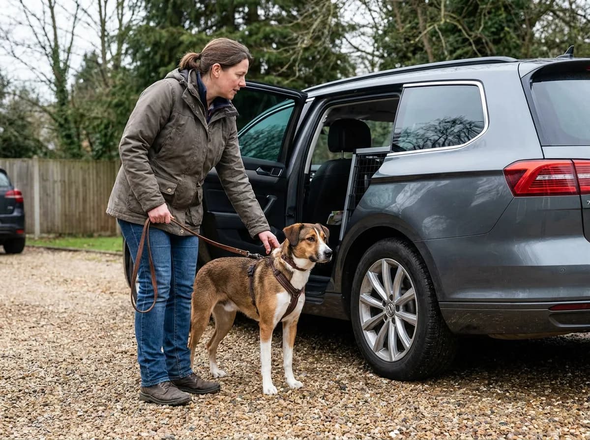 Handler holding a leashed dog beside the open rear door of a parked car.