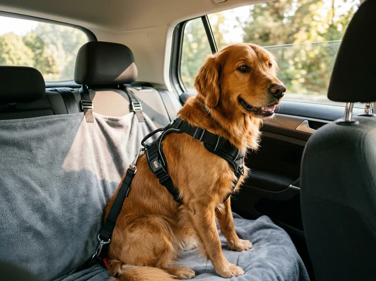 Dog safely restrained with crash-tested harness