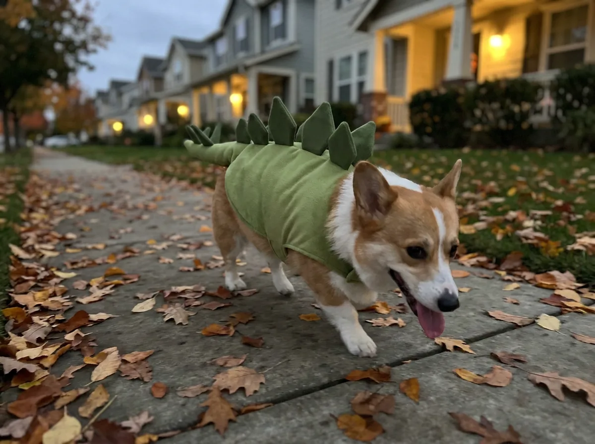 Corgi trotting along a leaf-covered sidewalk at dusk in a green stegosaurus costume with fabric back plates