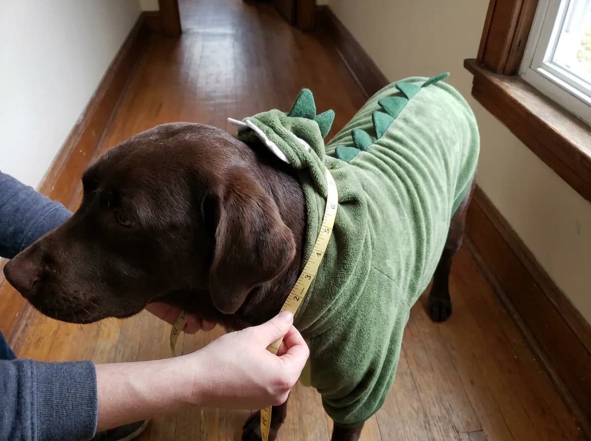 Hands wrapping a tape measure around the chest of a chocolate Labrador wearing a green dinosaur costume with the hood down