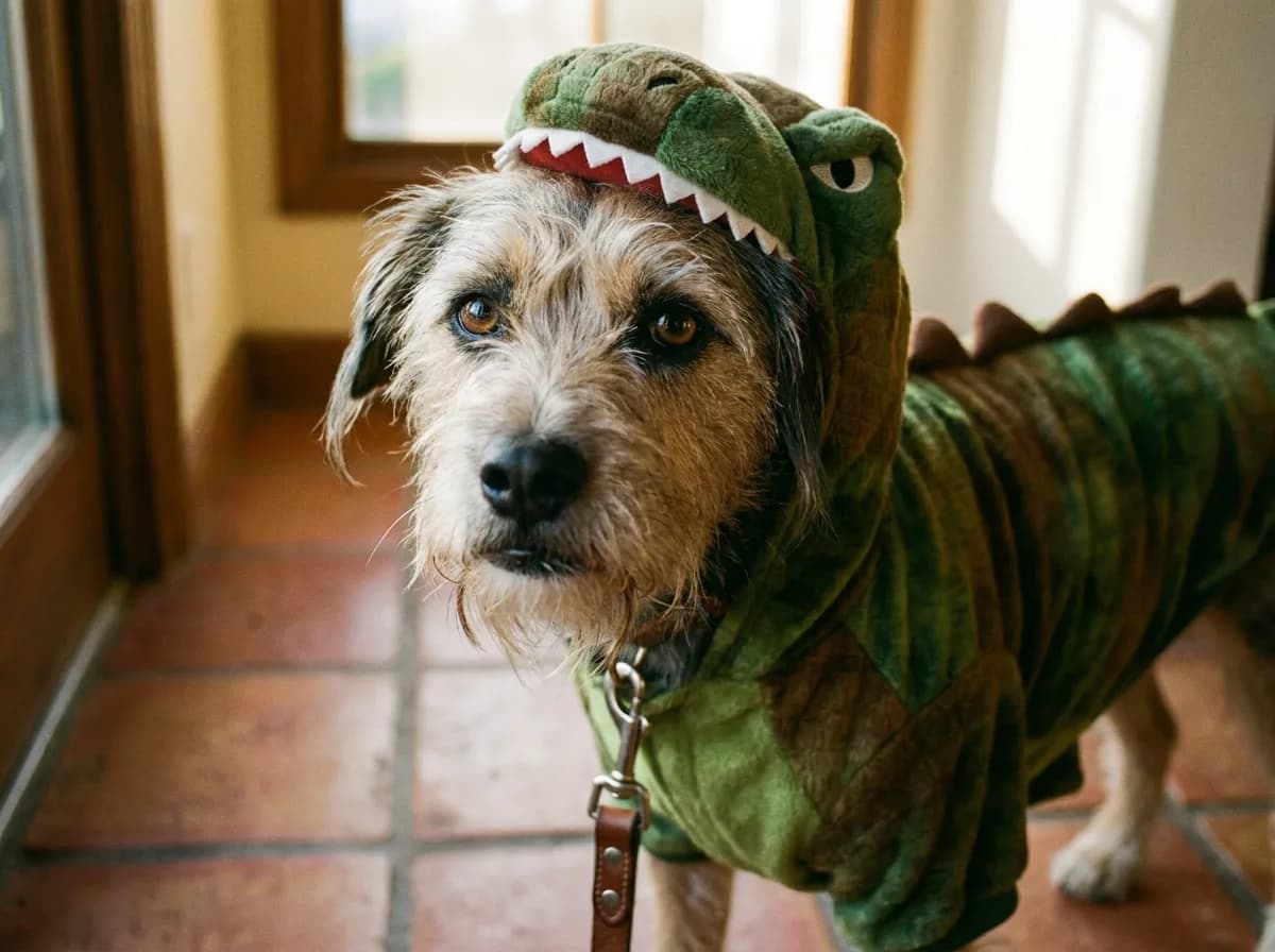 Scruffy terrier in a green T-rex costume with the hood pushed back so its eyes are clear, standing in a tiled entryway on a leash
