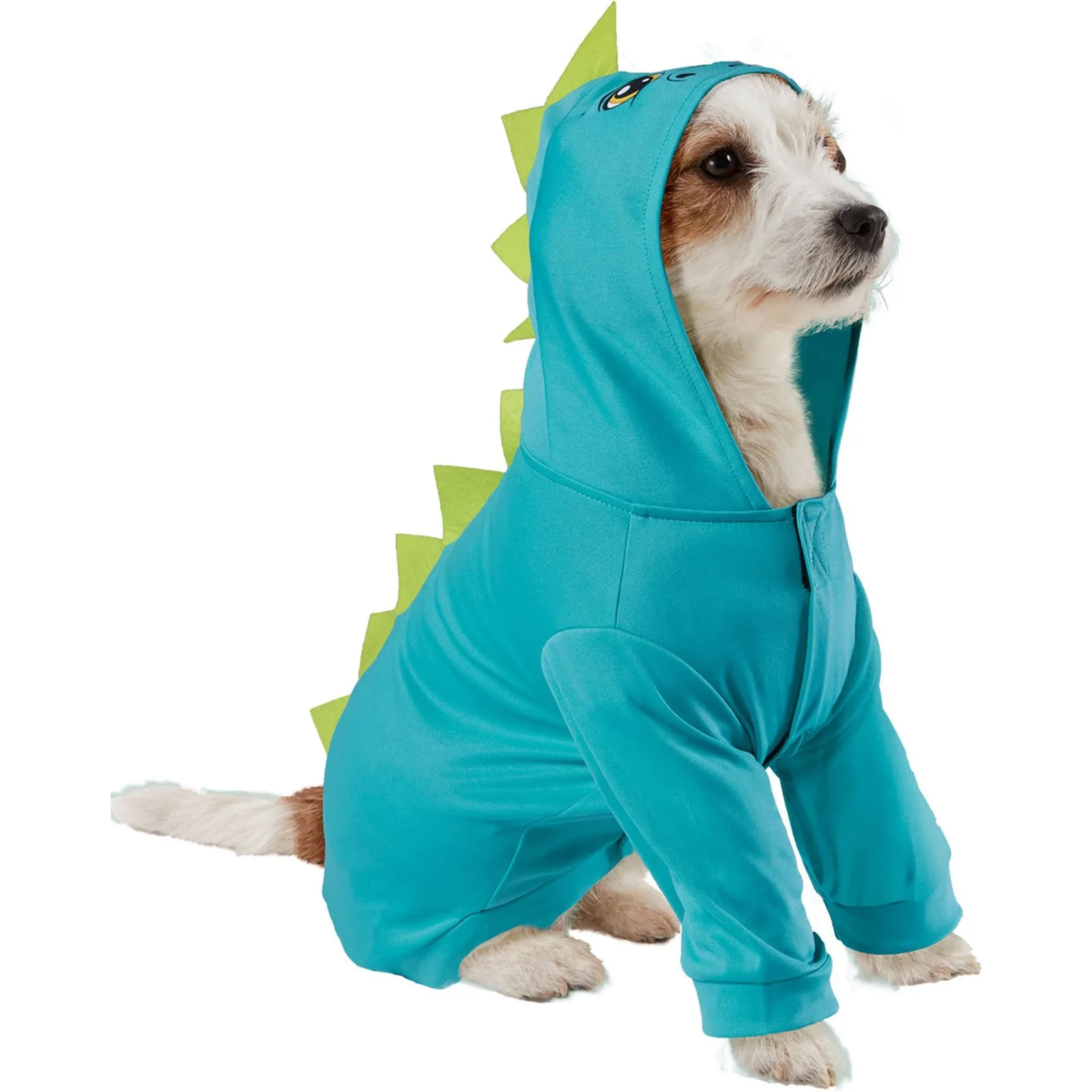 White dog wearing a teal Rubie’s dragon costume