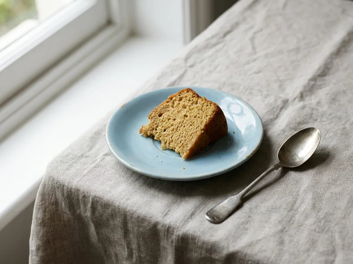 Small piece of plain cake on a blue plate beside a teaspoon