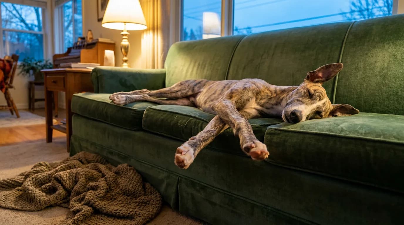 Brindle whippet asleep on a green velvet sofa with its long legs stretched out as if running in a dream