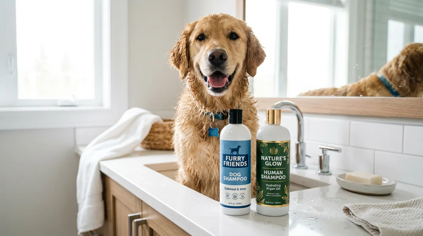 A dog shampoo bottle and a human shampoo bottle side by side on a bathroom counter with a damp golden retriever behind them