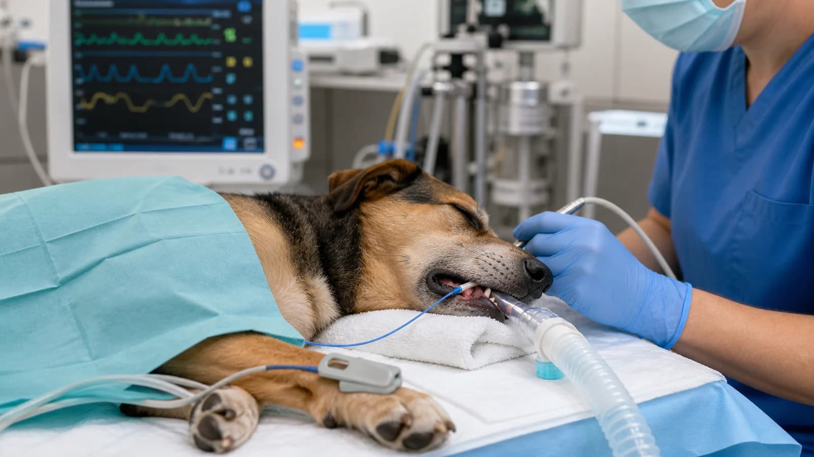 Veterinary team monitoring an anesthetized dog during a professional dental procedure without graphic detail