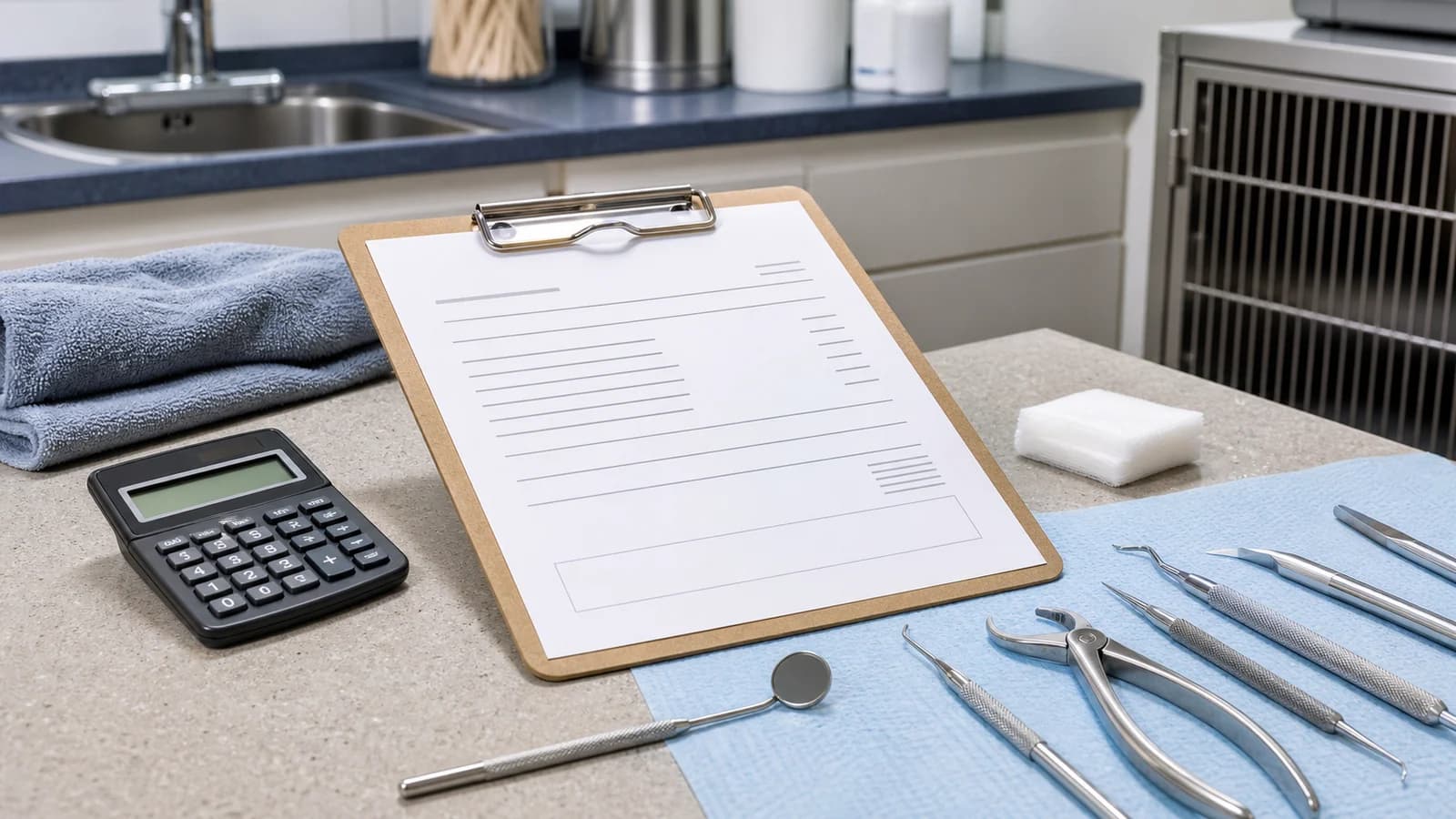 Veterinary dental instruments beside a calculator and an anonymized line-item estimate on a clipboard