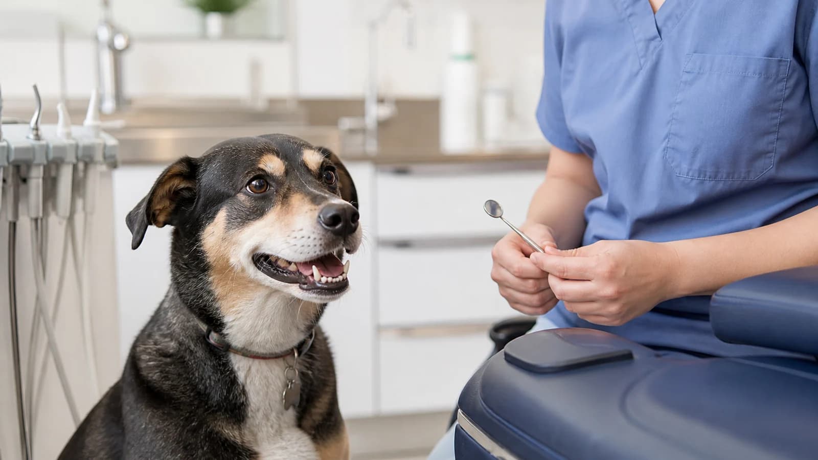 Dog calmly waiting with an owner in a veterinary dental exam room before an oral assessment