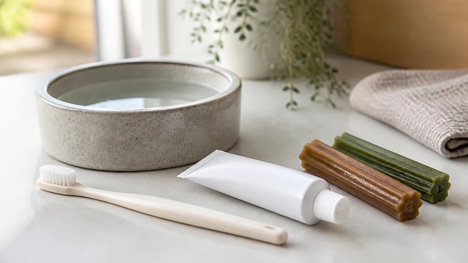Dog toothbrush, pet toothpaste, and dental chew arranged in a clean home dental-care setting