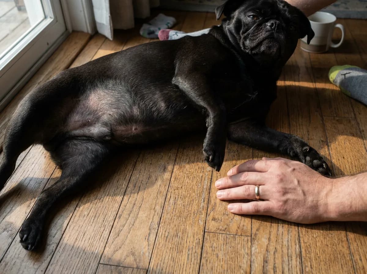 A black pug lies on its side on a sunlit wood floor with its belly exposed, showing smooth, slightly gray-toned skin, while a hand rests on the floor beside its paw.