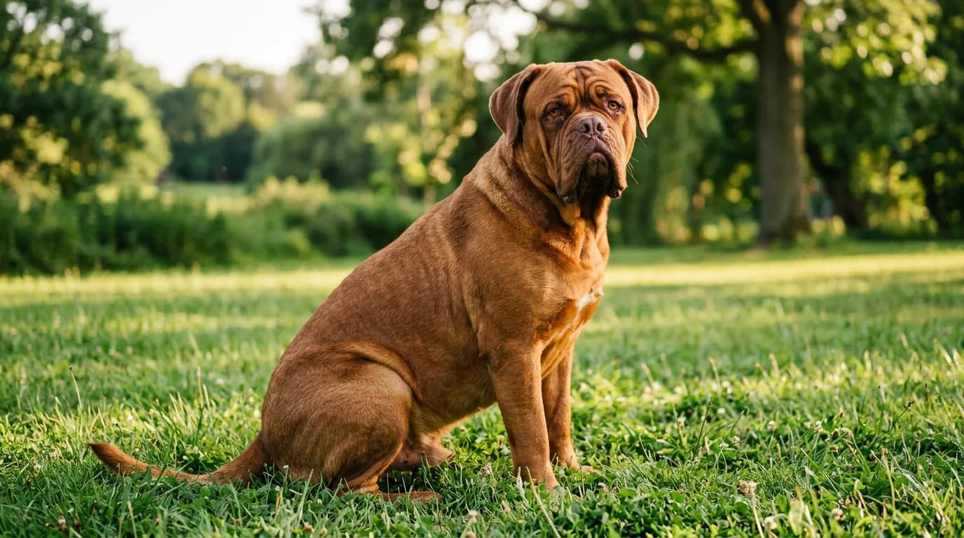 An adult fawn Dogue de Bordeaux sitting in profile on a grassy lawn, its massive wrinkled head and copper-red coat lit by soft late-afternoon sun, ale