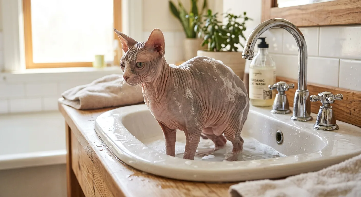 A hairless Donskoy cat being gently bathed in a sink as part of its regular skin-care routine