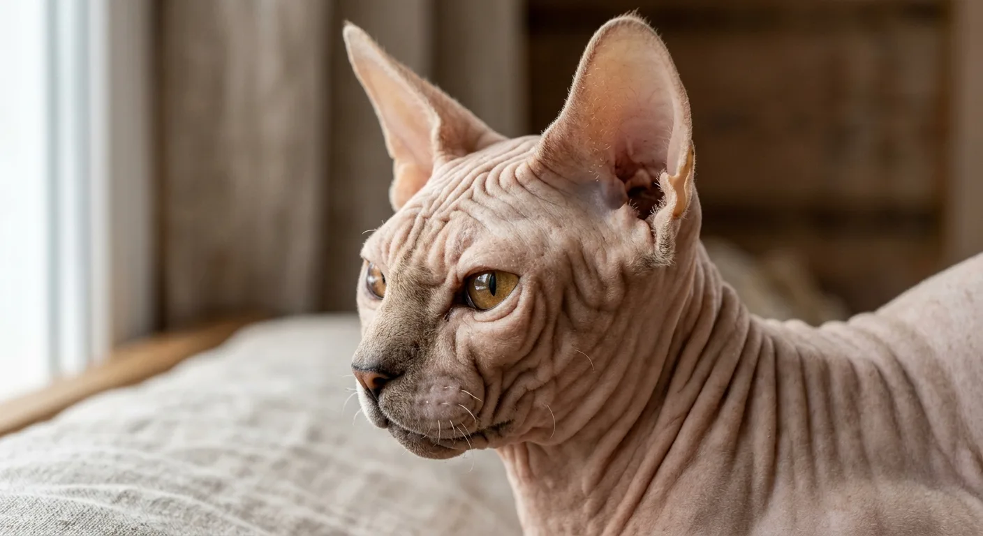 Close-up of a Donskoy cat's wrinkled hairless skin around the head and neck, with large ears and almond eyes