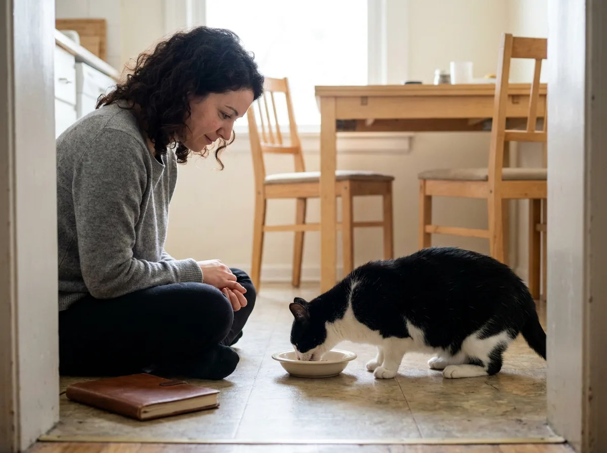 Owner quietly watching a black-and-white cat eat from a shallow dish.