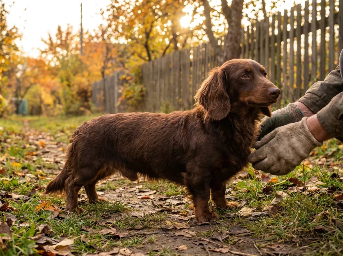 Brown long-bodied Doxiepoo standing beside a person in woodland