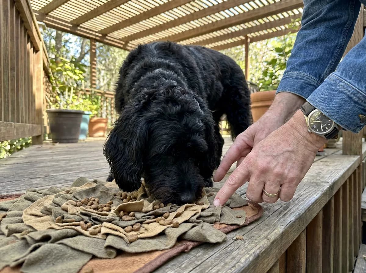Black Doxiepoo investigating a snuffle mat with supervision