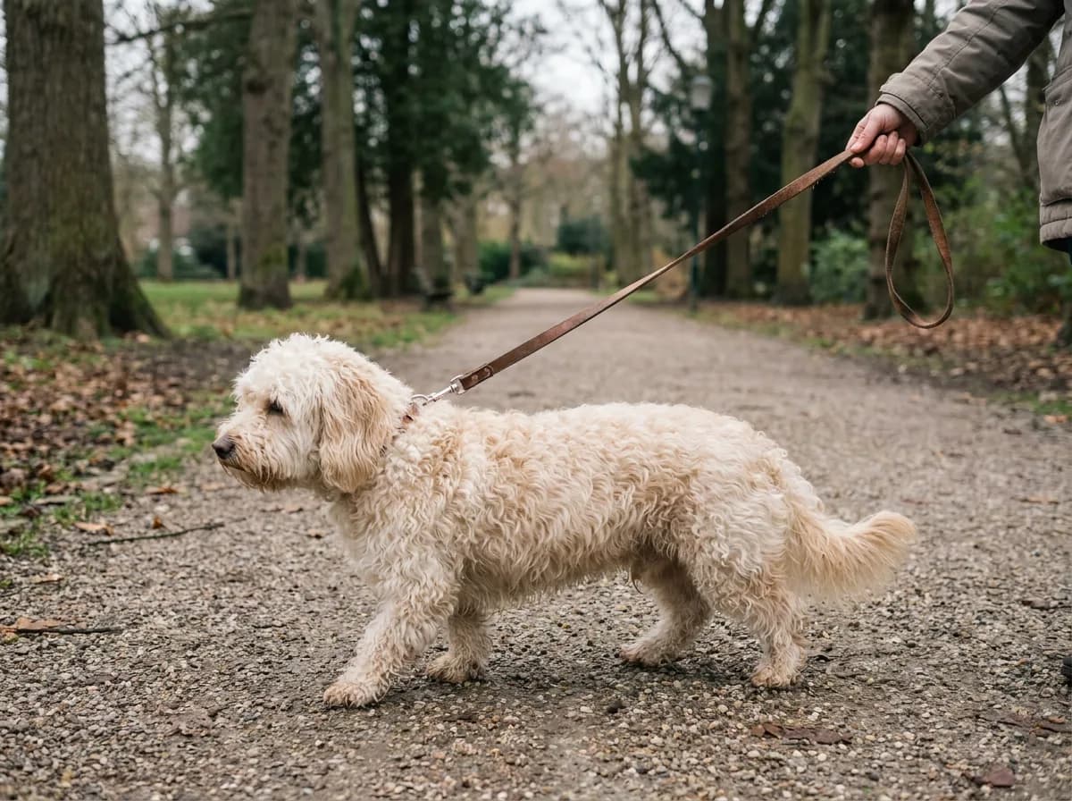 Cream curly-coated Doxiepoo walking on a loose lead