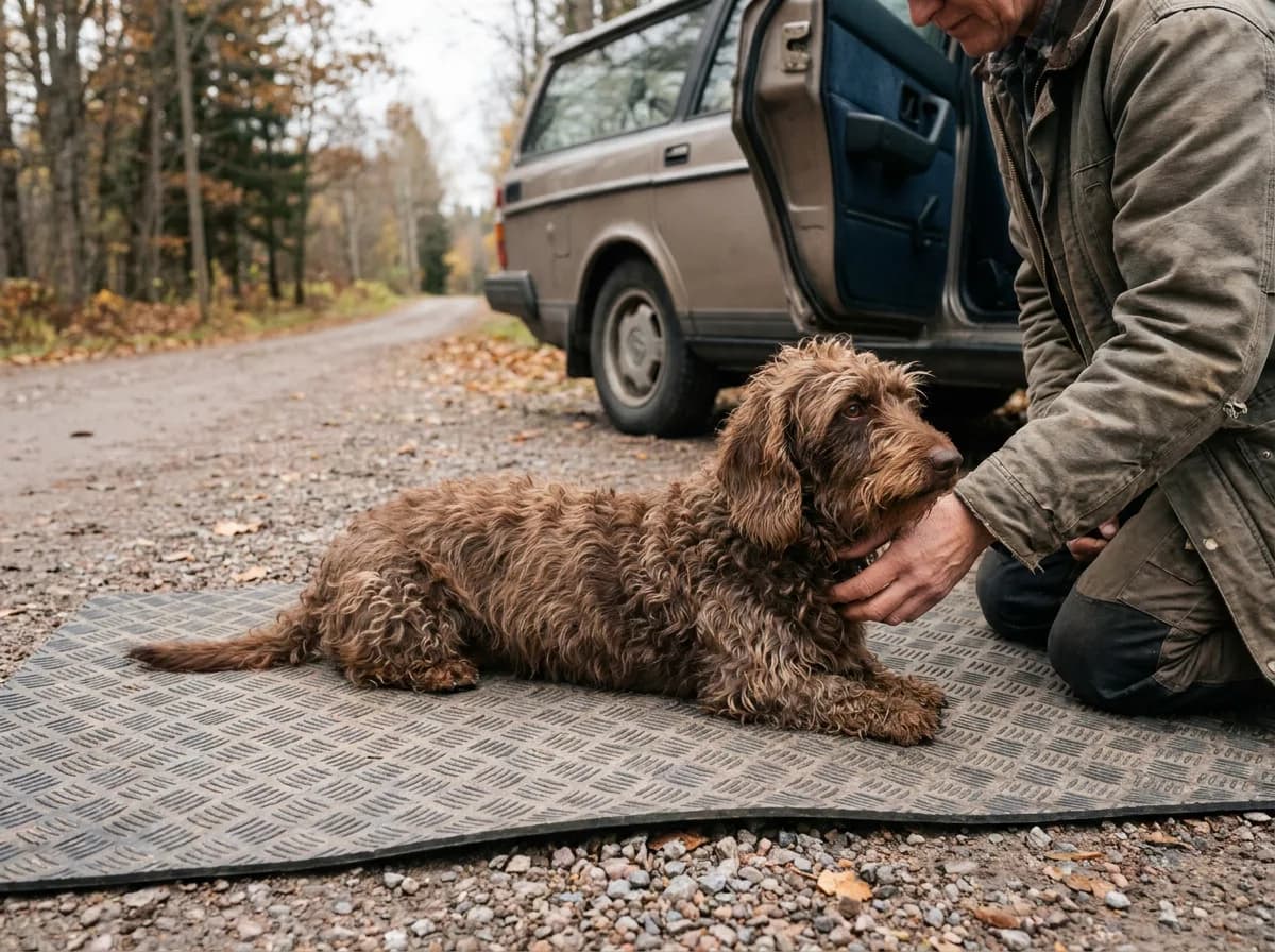 Brown Doxiepoo resting on a nonslip mat beside a parked car and kneeling person