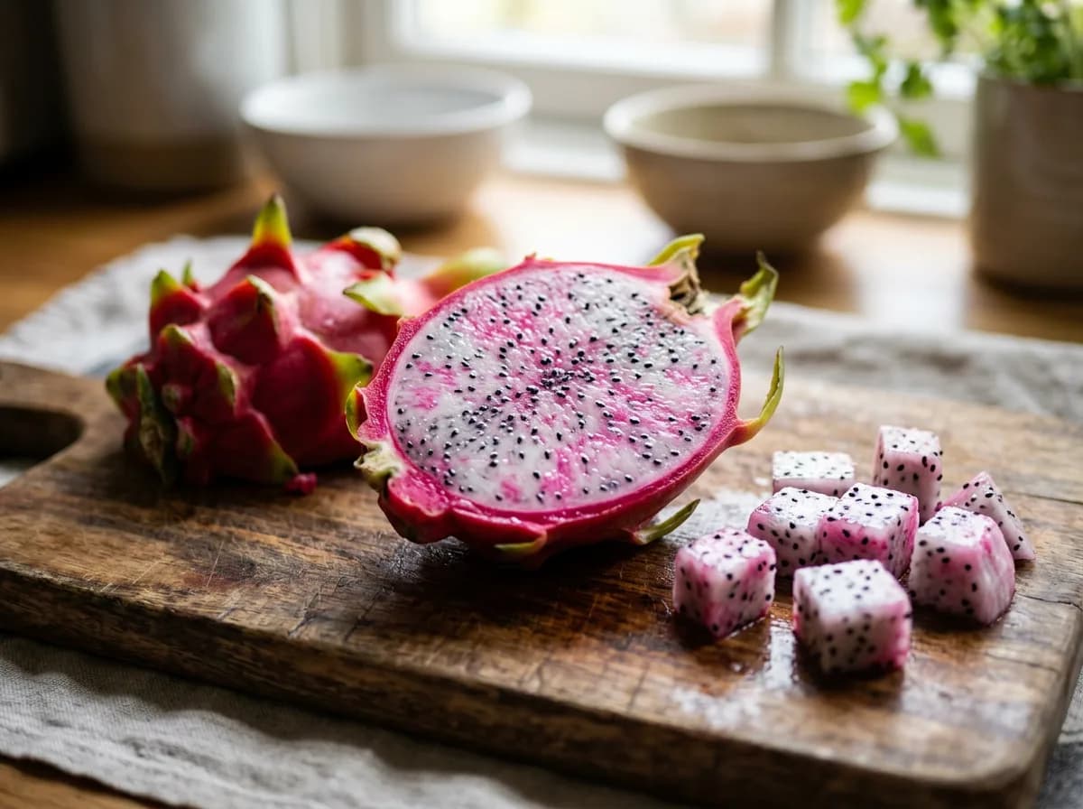 Halved dragon fruit showing white flesh with black seeds next to bite-sized cubes and the removed pink skin, prepared for a dog
