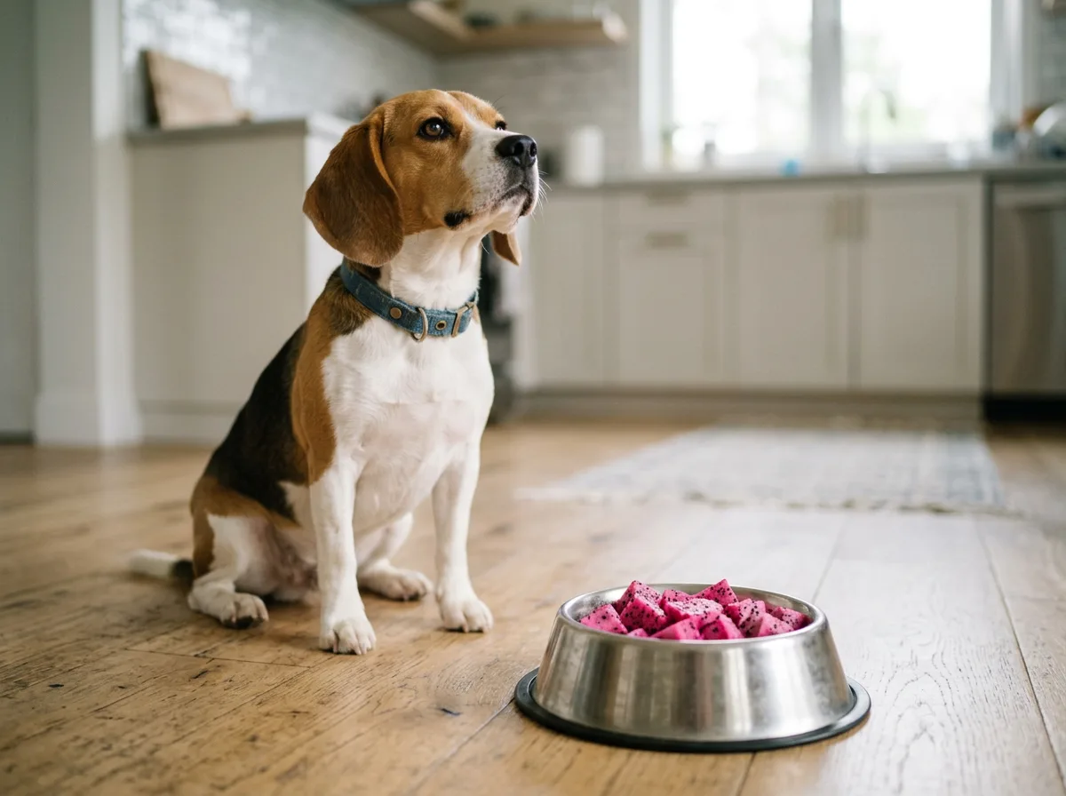 A beagle waiting beside a bowl holding a small portion of cubed dragon fruit, showing a safe serving size for dogs