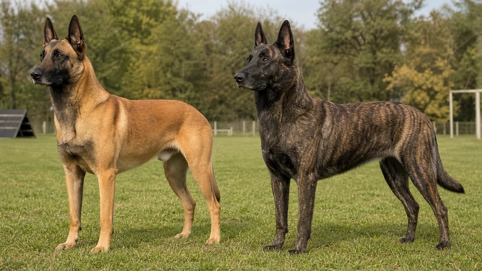A brindle Dutch Shepherd and a fawn Belgian Malinois standing side by side in a grassy training field