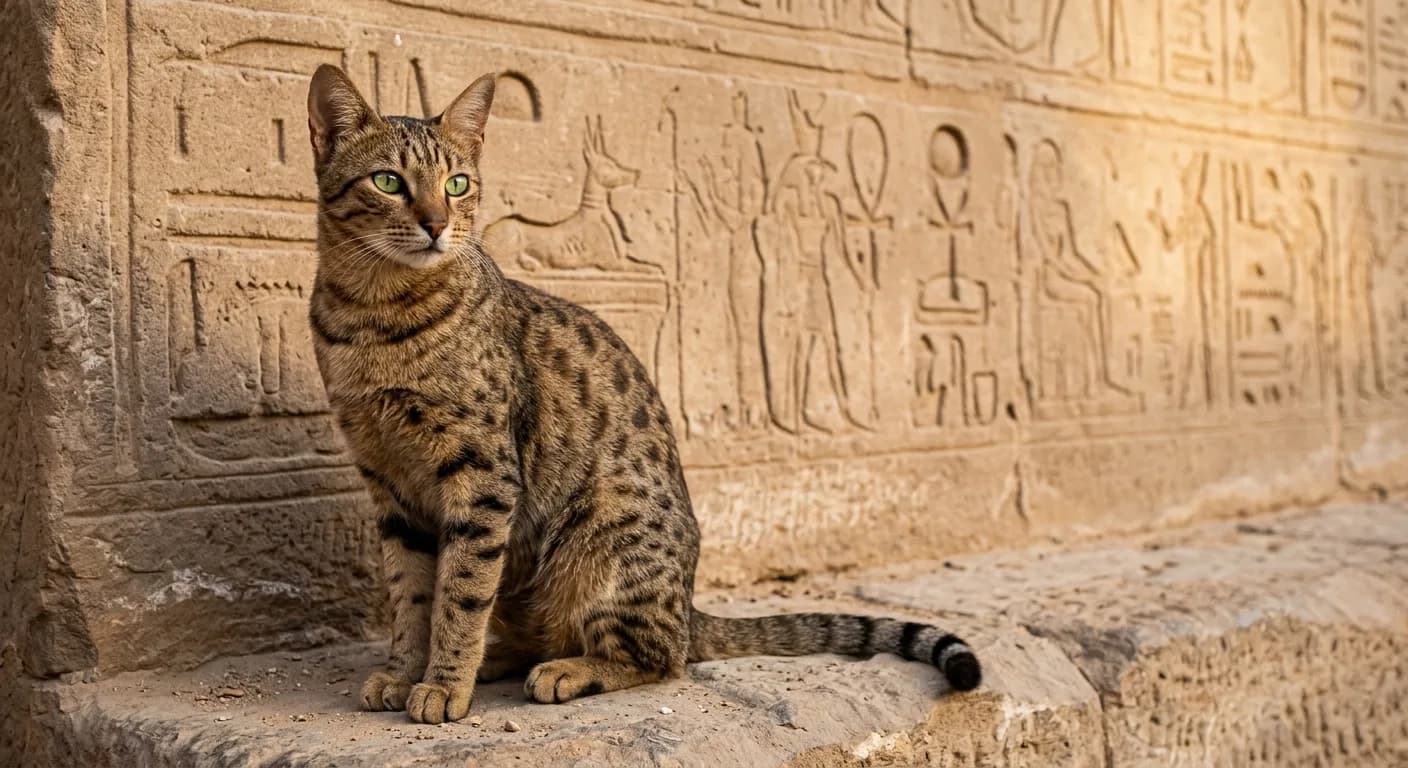 A bronze Egyptian Mau sitting upright and alert beside a sandstone wall carved with faint ancient Egyptian hieroglyphs, its random spots and banded tail catching warm light, mascara lines and gooseberry-green eyes giving a regal timeless look