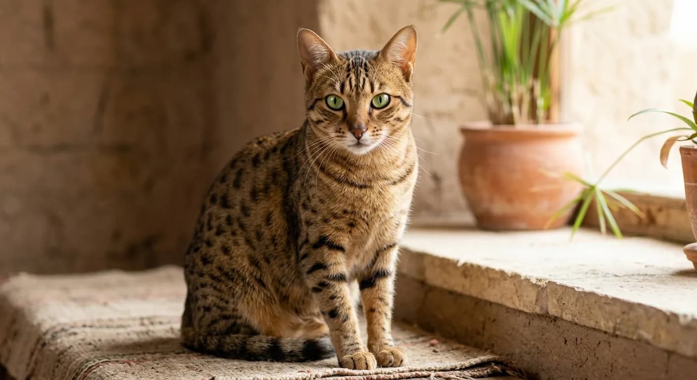 A bronze Egyptian Mau seen head-on in soft daylight, displaying random dark-brown spots on a warm tawny ground, a clear dark M and frown lines on the forehead, mascara lines curving back from light green almond eyes, and a small spotted wildcat face