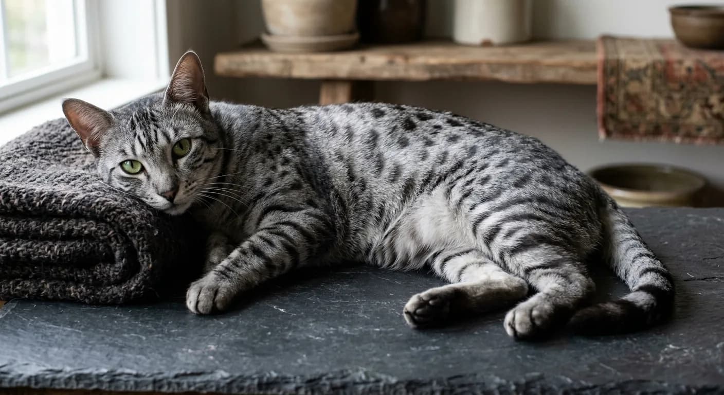 A smoke Egyptian Mau lounging on a dark surface, its silky charcoal-grey coat showing jet-black spots against a paler silver undercoat, banded tail, mascara lines from pale green eyes, a sleek small spotted wildcat look