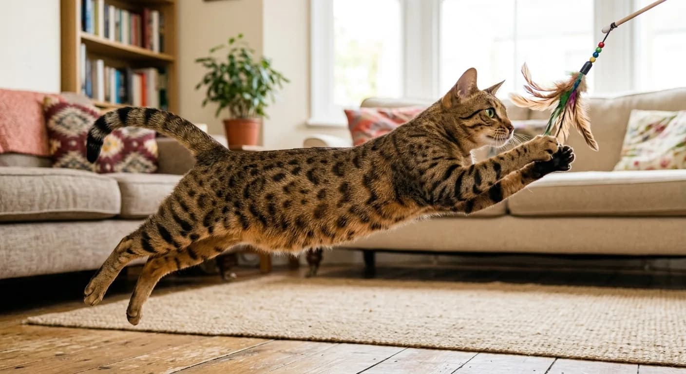 A bronze Egyptian Mau mid-leap reaching for a feather wand toy in a bright living room, body fully stretched to show its athletic build, random spots, banded legs, and the loose belly flap, gooseberry-green eyes locked on the toy