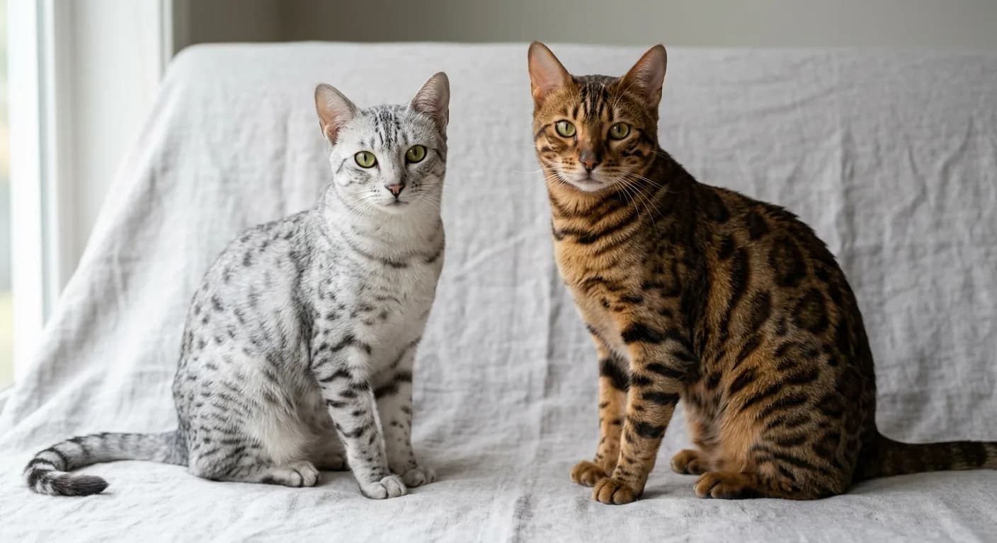 A silver Egyptian Mau and a brown spotted Bengal cat sitting side by side on a neutral backdrop, the Mau slightly smaller with random scattered spots and mascara lines, the Bengal larger with bold rosette markings, illustrating the difference between a natural and a hybrid spotted breed