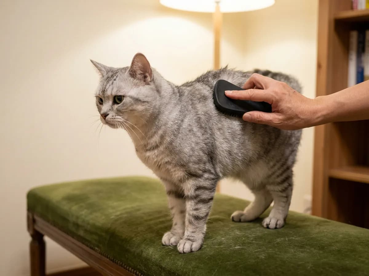 Silver tabby shorthaired cat receiving gentle brushing on a green bench.