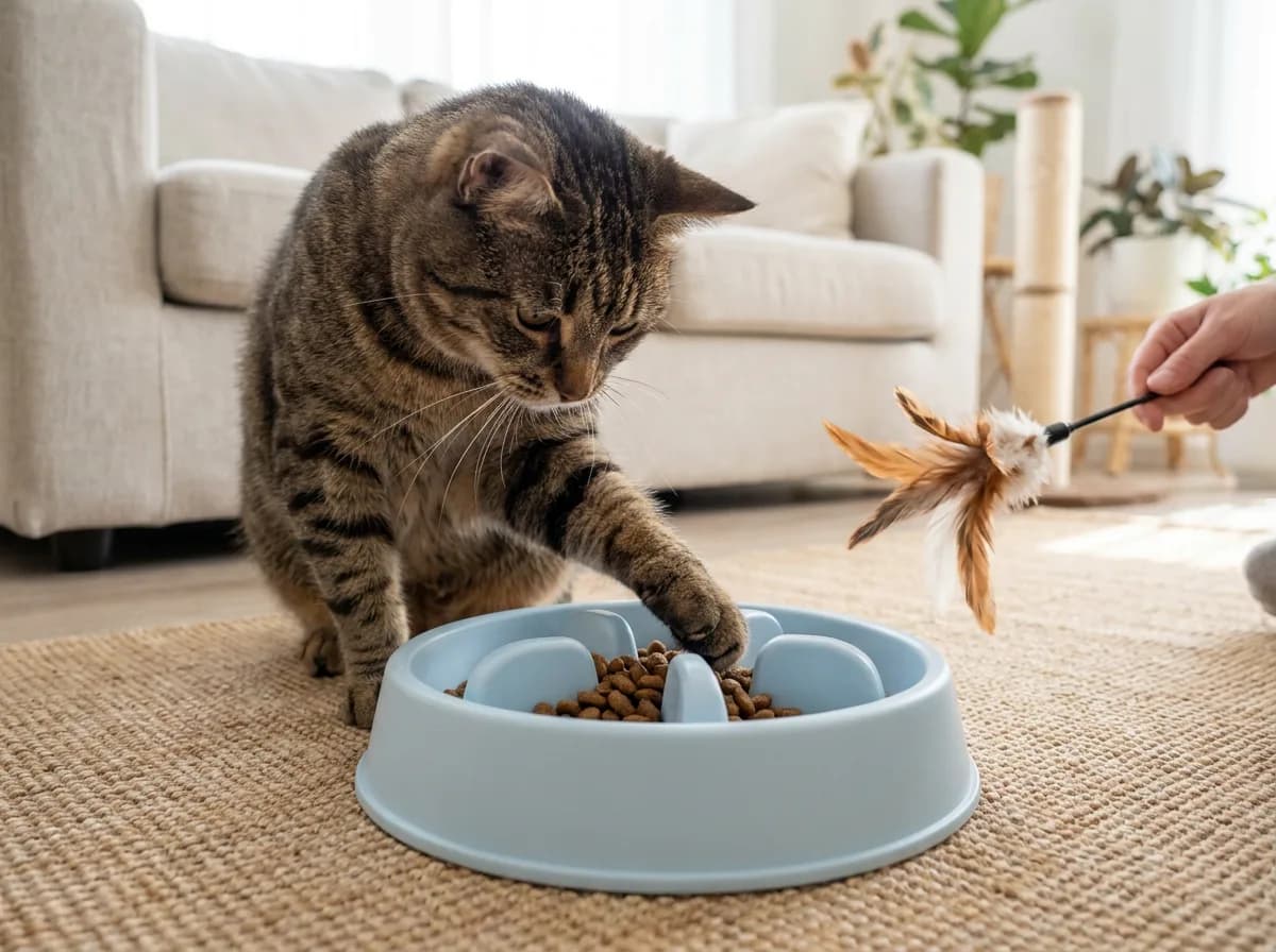 Brown tabby cat investigating a blue slow-feeding bowl beside a feather wand.