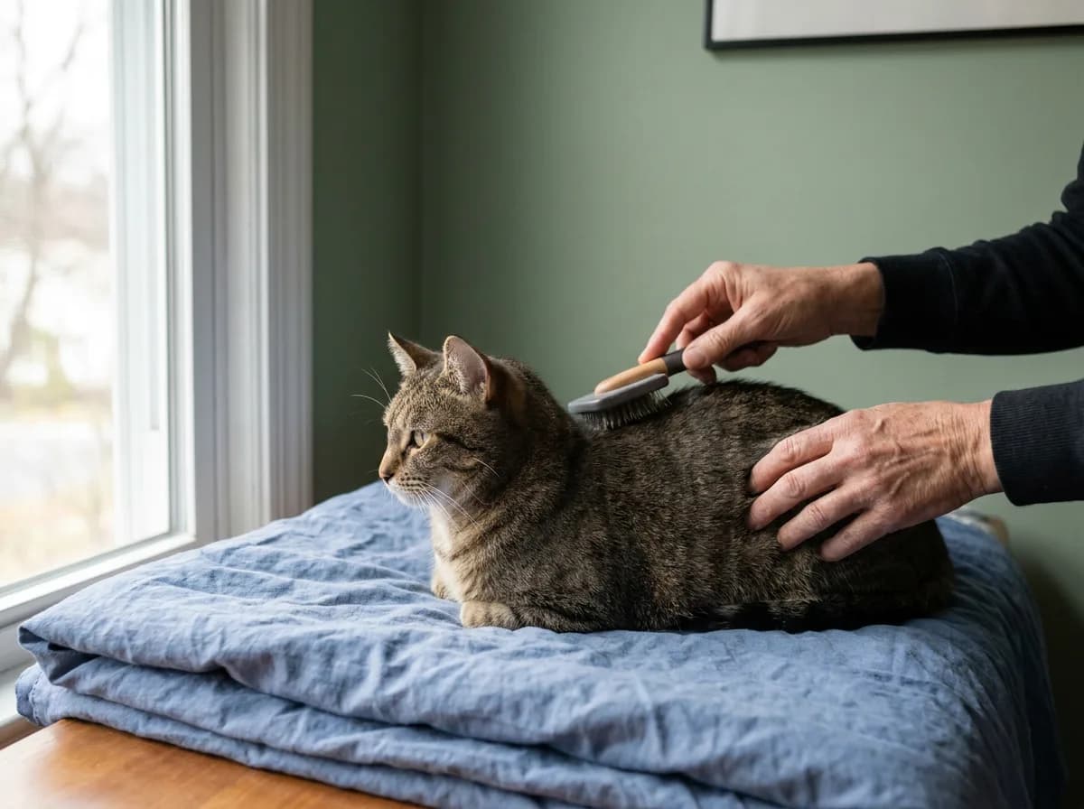 Tabby cat lying on a blue cushion while an adult brushes its short coat.
