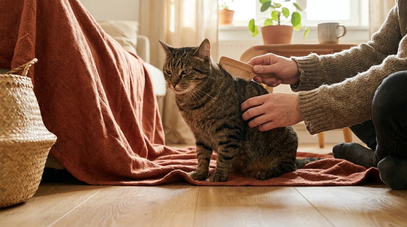 Brown tabby shorthaired cat being gently groomed on a rust-colored blanket.