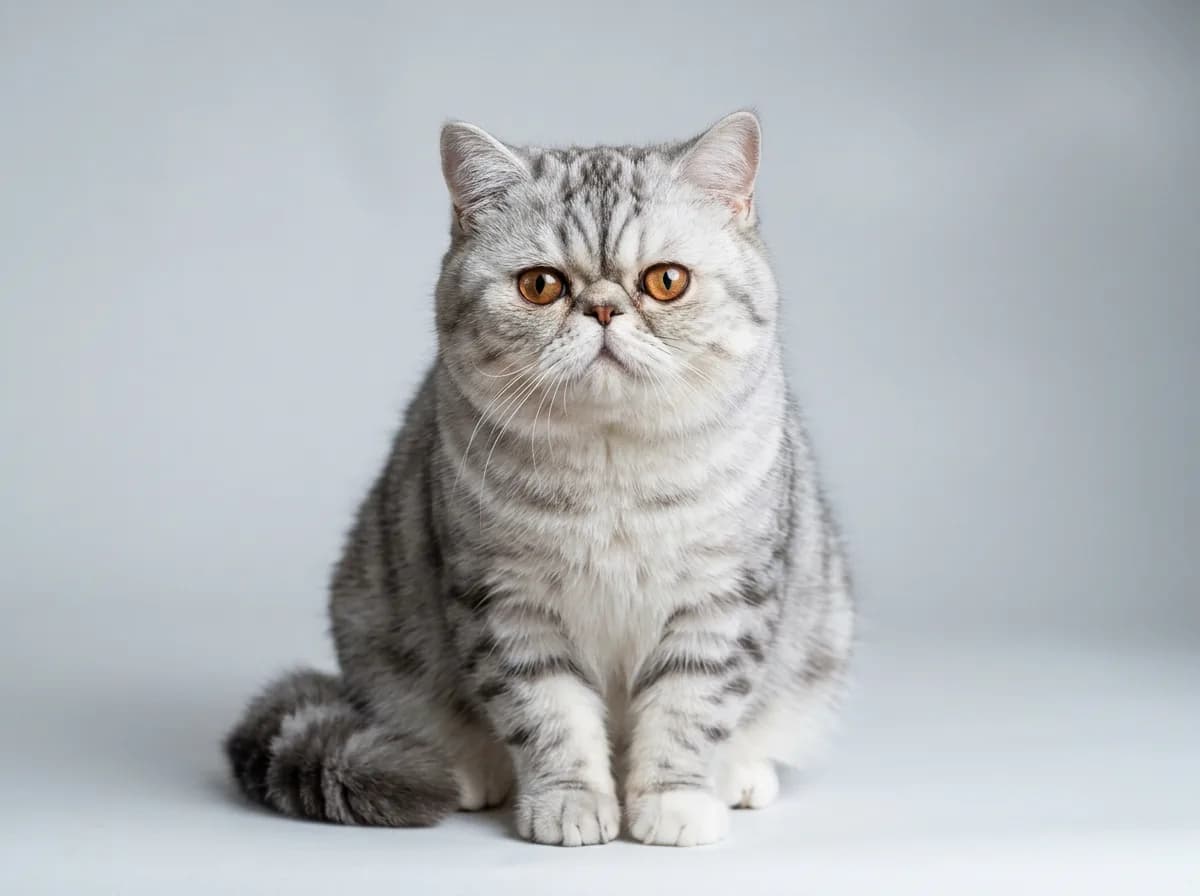 Silver Exotic Shorthair cat with a flat brachycephalic teddy-bear face and short plush coat