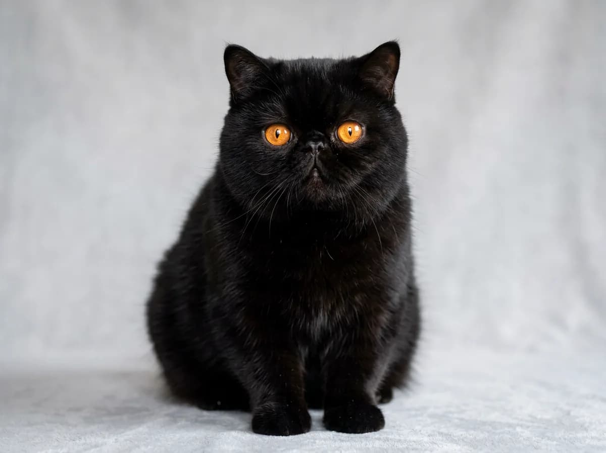 Solid black Exotic Shorthair cat with bright copper eyes and a short dense coat