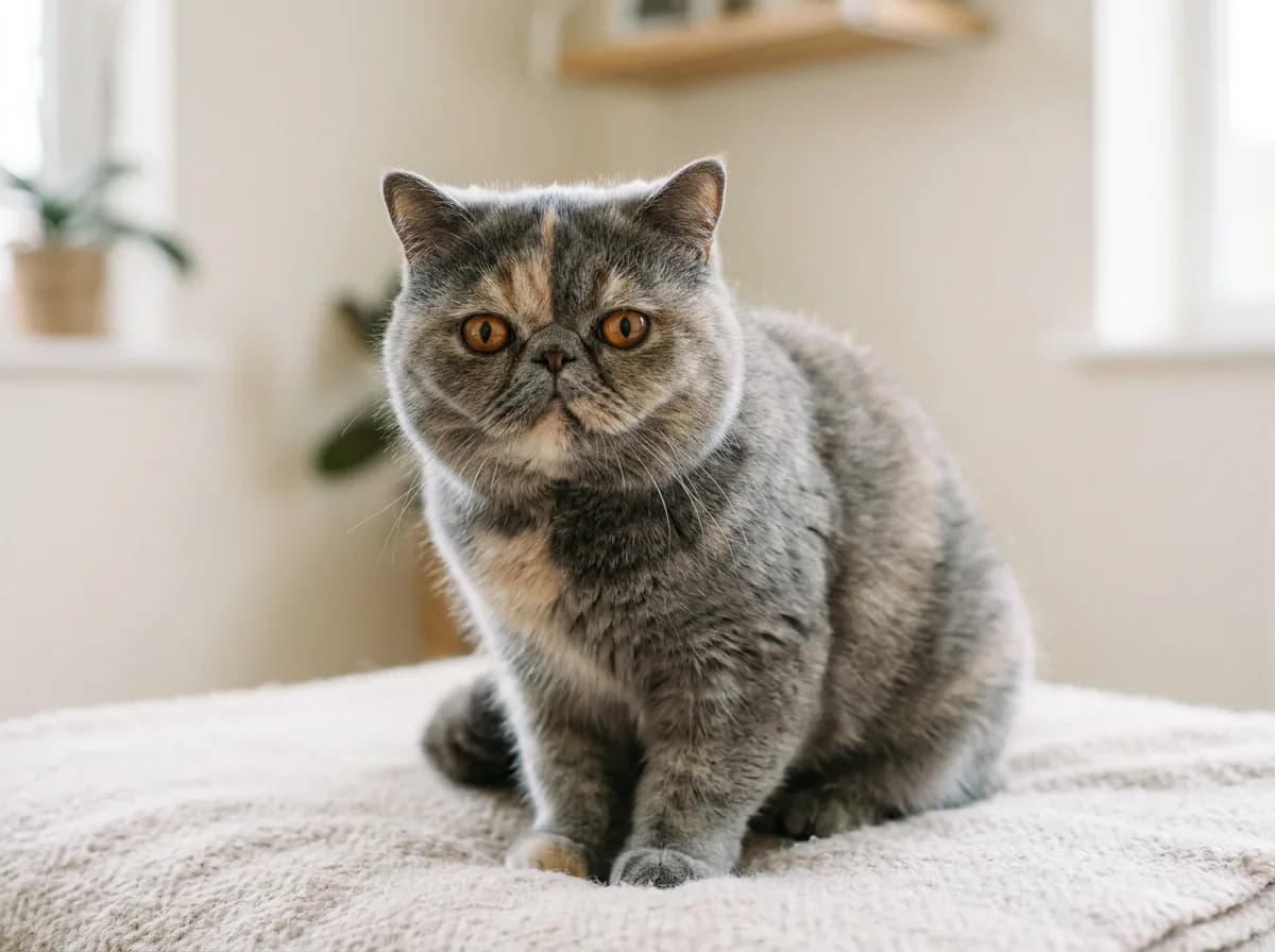 Blue-cream Exotic Shorthair cat with a soft gray and cream short coat