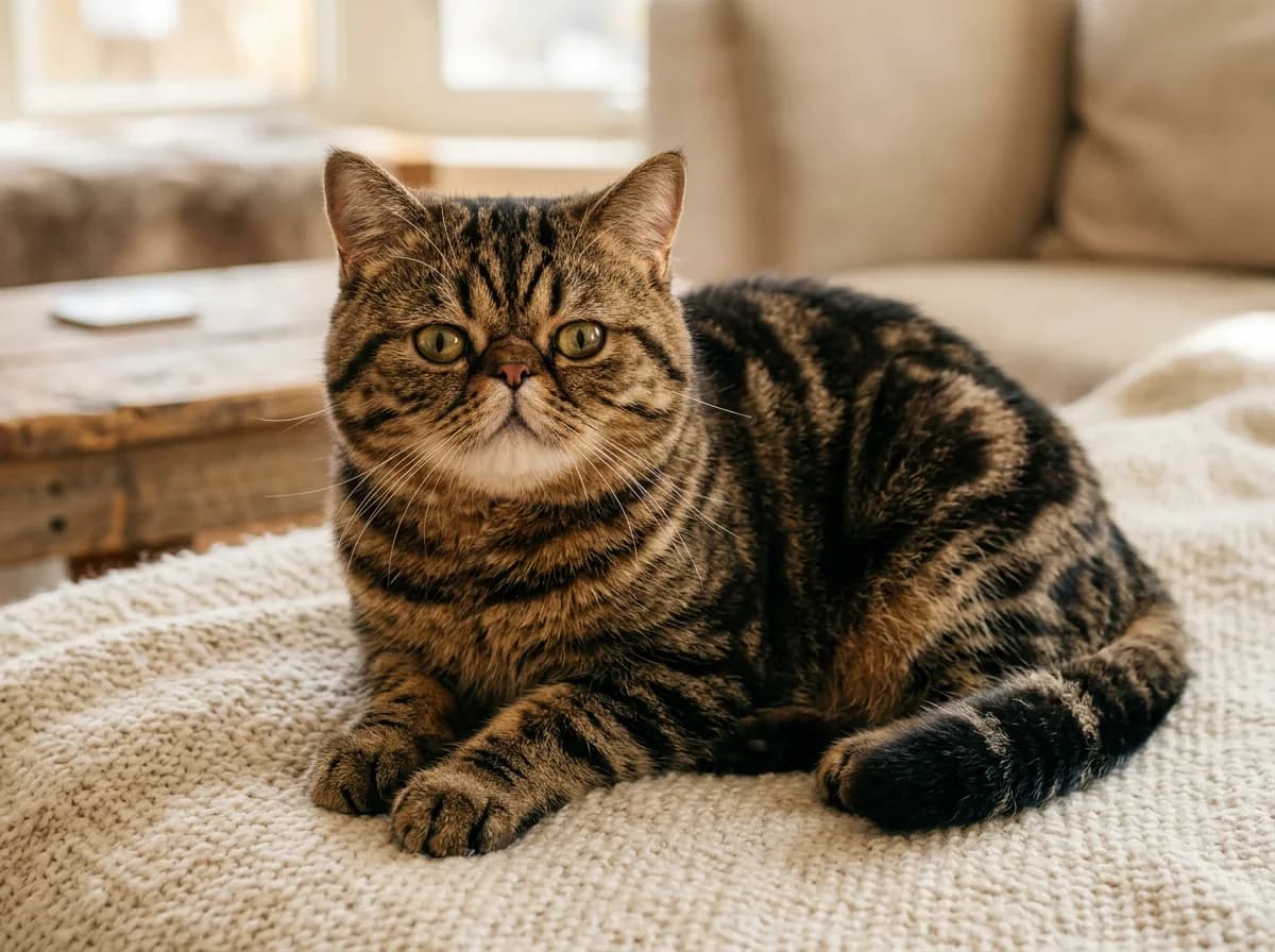 Brown tabby Exotic Shorthair cat with bold dark markings on a short coat