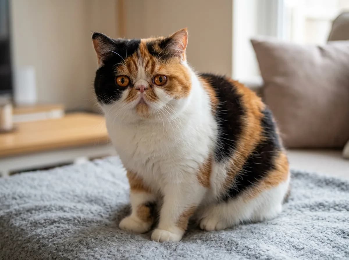 Calico Exotic Shorthair with patched white, black, and orange short fur