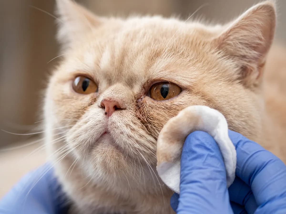 Wiping tear stains near the flat face of an Exotic Shorthair cat during eye care